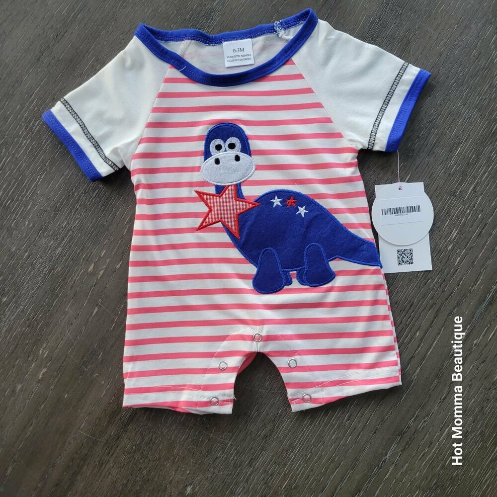 Infant Red and White Stripe Patriotic Dinosaur Romper 3-6M